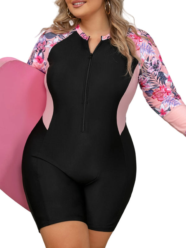 Plus Size Long Sleeve Floral Rash Guard One-Piece Swimsuit – Zipper Front