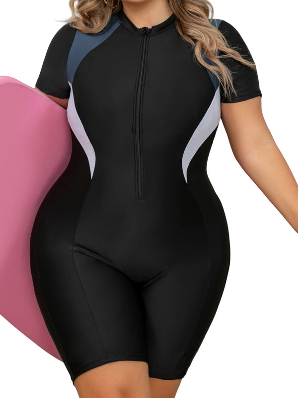 Plus Size Short Sleeve One-Piece Rash Guard Swimsuit with Zipper – Sun Protection & Tummy Control