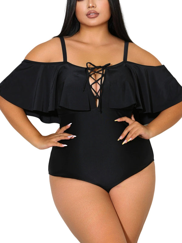 Plus Size Black Off-Shoulder One-Piece Swimsuit with Lace-Up Front – Ruffle Detail