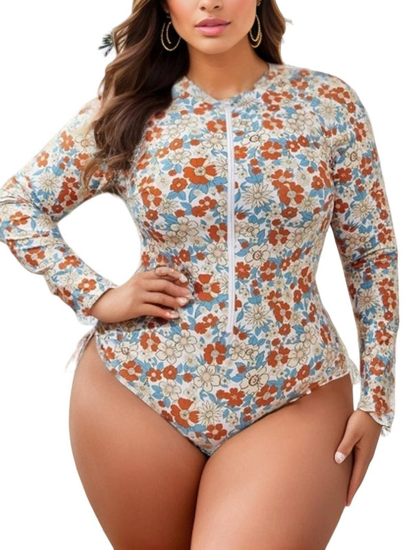Plus Size Floral Long Sleeve Zipper One-Piece Swimsuit – Sun Protection Rash Guard