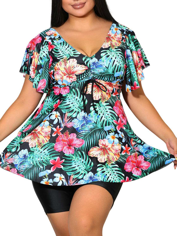 Plus Size Tropical Floral Swim Dress with Flutter Sleeves and Shorts – Modest Swimsuit