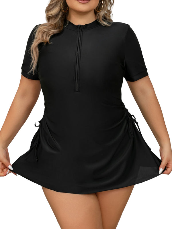 Plus Size Short Sleeve Skirted One-Piece Swimsuit with Zipper – Sun Protection & Tummy Control