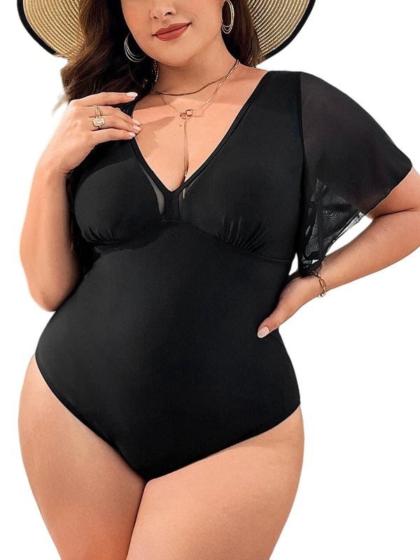 Plus Size Black V-Neck One-Piece Swimsuit with Flutter Sleeves – Elegant & Flattering