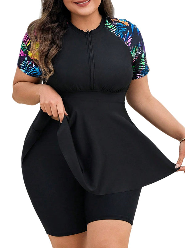 Plus Size Short Sleeve Swim Dress with Zipper and Built-in Shorts – Modest Rash Guard