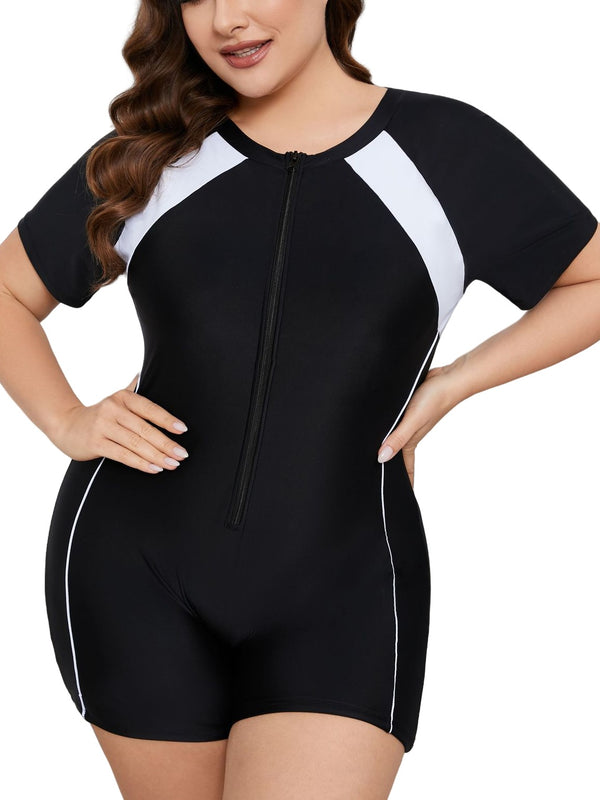 Plus Size Short Sleeve One-Piece Swimsuit with Front Zipper Sun Protection