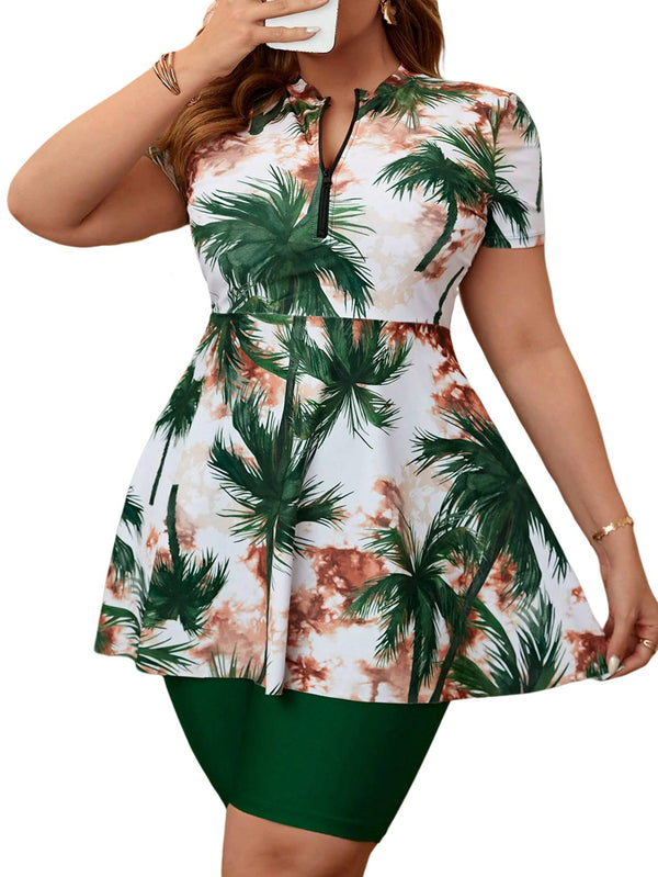 Plus Size Palm Tree Print Swim Dress with Shorts – Short Sleeve Zipper Swimsuit